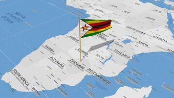 zimbabwe flagga vinka med de värld Karta, sömlös slinga i vind, 3d tolkning video