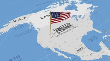 Unidos estados bandeira acenando com a mundo mapa, desatado ciclo dentro vento, 3d Renderização video
