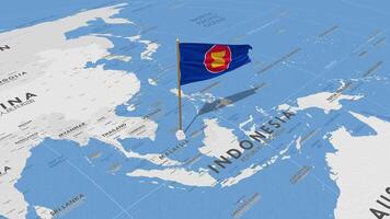 Verband von Süd-Ost asiatisch Nationen, asean Flagge winken mit das Welt Karte, nahtlos Schleife im Wind, 3d Rendern video