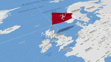 Isle of Man Flag Waving with The World Map, Seamless Loop in Wind, 3D Rendering video