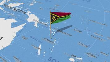 vanuatu bandera ondulación con el mundo mapa, sin costura lazo en viento, 3d representación video