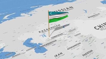 Uzbekistán bandera ondulación con el mundo mapa, sin costura lazo en viento, 3d representación video