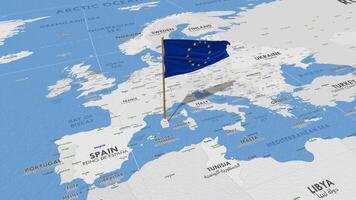 europeo unione, Unione Europea bandiera agitando con il mondo carta geografica, senza soluzione di continuità ciclo continuo nel vento, 3d interpretazione video