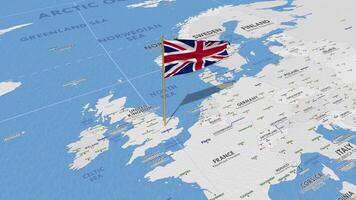 United Kingdom Flag Waving with The World Map, Seamless Loop in Wind, 3D Rendering video