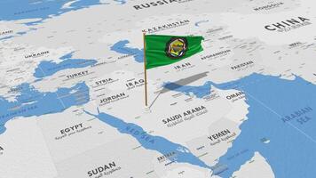 Cooperation Council for the Arab States of the Gulf, Gulf Cooperation Council, GCC Flag Waving with The World Map, Seamless Loop in Wind, 3D Rendering video