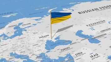 Ucrania bandera ondulación con el mundo mapa, sin costura lazo en viento, 3d representación video