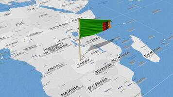 Zambia bandera ondulación con el mundo mapa, sin costura lazo en viento, 3d representación video