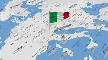 Italia bandera ondulación con el mundo mapa, sin costura lazo en viento, 3d representación video