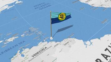 caribe comunidade, caricom bandeira acenando com a mundo mapa, desatado ciclo dentro vento, 3d Renderização video