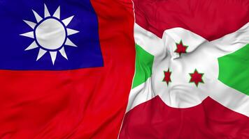 Taiwan and Burundi Flags Together Seamless Looping Background, Looped Bump Texture Cloth Waving Slow Motion, 3D Rendering video