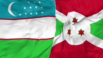 Uzbekistán y Burundi banderas juntos sin costura bucle fondo, serpenteado bache textura paño ondulación lento movimiento, 3d representación video