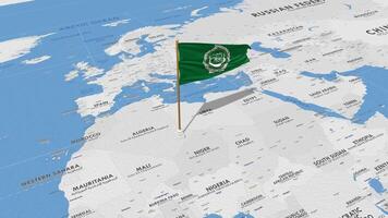 Arab League Flag Waving with The World Map, Seamless Loop in Wind, 3D Rendering video