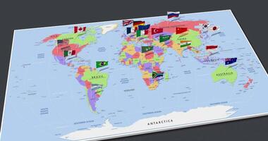 a grupo do 20, g20 países bandeira acenando com a 3d mundo mapa, desatado ciclo dentro vento, 3d Renderização video