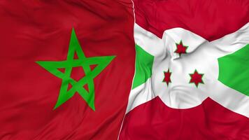 Marruecos y Burundi banderas juntos sin costura bucle fondo, serpenteado bache textura paño ondulación lento movimiento, 3d representación video