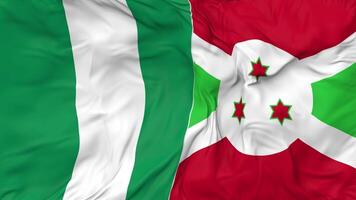 Nigeria and Burundi Flags Together Seamless Looping Background, Looped Bump Texture Cloth Waving Slow Motion, 3D Rendering video