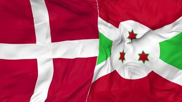 Dänemark und Burundi Flaggen zusammen nahtlos Schleifen Hintergrund, geloopt stoßen Textur Stoff winken schleppend Bewegung, 3d Rendern video