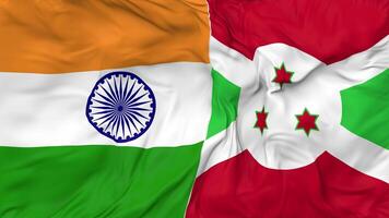 India and Burundi Flags Together Seamless Looping Background, Looped Bump Texture Cloth Waving Slow Motion, 3D Rendering video