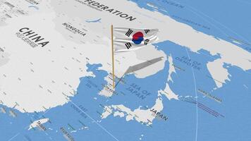 sur Corea bandera ondulación con el mundo mapa, sin costura lazo en viento, 3d representación video