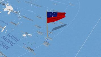 samoa drapeau agitant avec le monde carte, sans couture boucle dans vent, 3d le rendu video