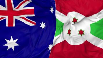 Australia and Burundi Flags Together Seamless Looping Background, Looped Bump Texture Cloth Waving Slow Motion, 3D Rendering video