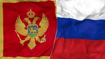 Rússia e Montenegro bandeiras juntos desatado looping fundo, em loop colisão textura pano acenando lento movimento, 3d Renderização video