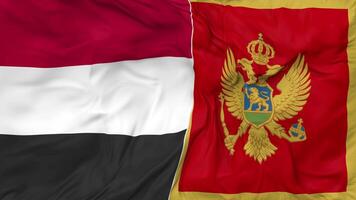 Yemen and Montenegro Flags Together Seamless Looping Background, Looped Bump Texture Cloth Waving Slow Motion, 3D Rendering video