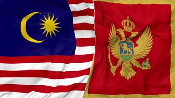 Malaysia e montenegro bandiere insieme senza soluzione di continuità looping sfondo, loop urto struttura stoffa agitando lento movimento, 3d interpretazione video