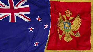 New Zealand and Montenegro Flags Together Seamless Looping Background, Looped Bump Texture Cloth Waving Slow Motion, 3D Rendering video