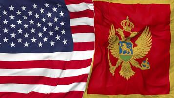 United States and Montenegro Flags Together Seamless Looping Background, Looped Bump Texture Cloth Waving Slow Motion, 3D Rendering video