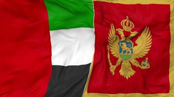 United Arab Emirates and Montenegro Flags Together Seamless Looping Background, Looped Bump Texture Cloth Waving Slow Motion, 3D Rendering video