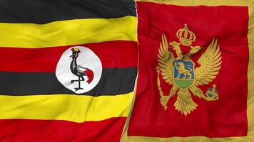 Uganda and Montenegro Flags Together Seamless Looping Background, Looped Bump Texture Cloth Waving Slow Motion, 3D Rendering video