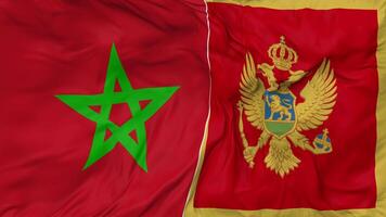 Marokko und Montenegro Flaggen zusammen nahtlos Schleifen Hintergrund, geloopt stoßen Textur Stoff winken schleppend Bewegung, 3d Rendern video