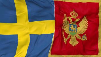 Svezia e montenegro bandiere insieme senza soluzione di continuità looping sfondo, loop urto struttura stoffa agitando lento movimento, 3d interpretazione video