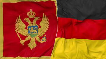 Alemania y montenegro banderas juntos sin costura bucle fondo, serpenteado bache textura paño ondulación lento movimiento, 3d representación video