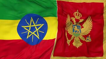 Etiopía y montenegro banderas juntos sin costura bucle fondo, serpenteado bache textura paño ondulación lento movimiento, 3d representación video