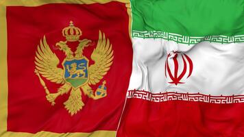 Iran and Montenegro Flags Together Seamless Looping Background, Looped Bump Texture Cloth Waving Slow Motion, 3D Rendering video