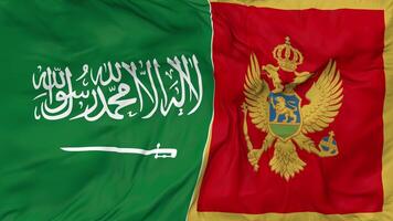 KSA, Kingdom of Saudi Arabia and Montenegro Flags Together Seamless Looping Background, Looped Bump Texture Cloth Waving Slow Motion, 3D Rendering video