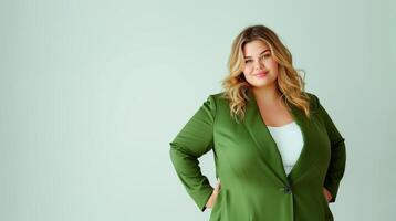 AI Generated Plus size fashion model in green suit stylish fashion posing on white background. Generative AI photo