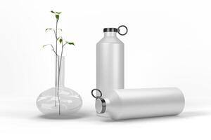 Two Hand holding stainless steel Water Bottle Mockup with Flower photo