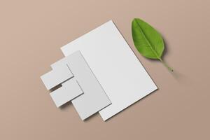 Stationary Set Mockup and 3d leaf with Beige Background photo