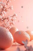 Easter dreamy Peach Fuzz colored eggs with spring blooming flowers background. Futuristic Easter Eggs poster template. Trendy springtime festive holiday banner with copy space for text. Raster. photo