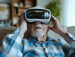 AI generated online education Senior Man wearing VR Headset with Living Room Background AI Generative photo
