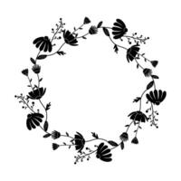 Floral black and white silhouette silhouette round frame, ornament, spring. On white isolated background. vector