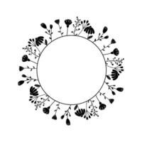 Floral black and white silhouette silhouette round frame, ornament, spring. On white isolated background. vector
