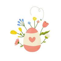 Easter egg with flowers, concept in cartoon style for card, print, sticker, postcard. Vector illustration on white background.