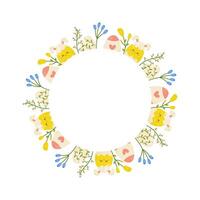 Easter eggs and flowers round frame, ornament, spring. On white isolated background. For your postcard design, invitations, congratulations vector