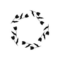 Floral black and white silhouette silhouette round frame, ornament, spring. On white isolated background. vector