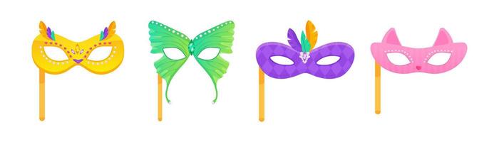 Set of carnival masks on a stick of owl, cat, feathers and butterfly, for masquerade, purim and mardi gras. On a white insulated background vector