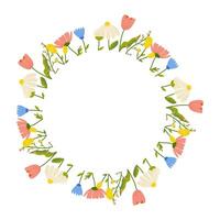 Floral round frame, ornament, spring colors. On white isolated background. For your postcard design, invitations, congratulations vector