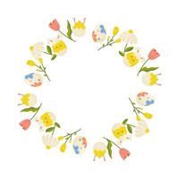 Easter eggs and flowers round frame, ornament, spring. On white isolated background. For your postcard design, invitations, congratulations vector